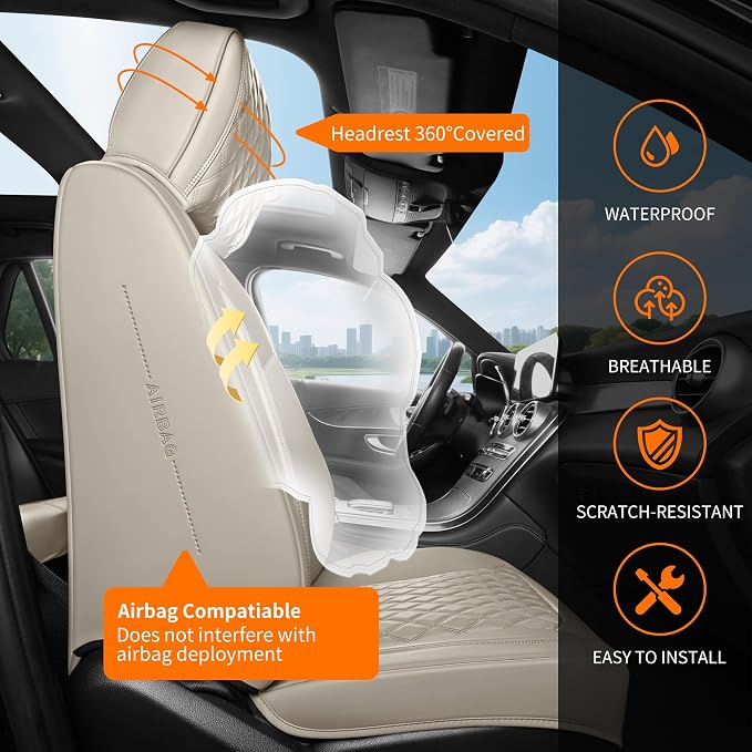 Beige High-Density Nappa Leather Automotive Car Seat Covers Full Set | Univerasal Precision Fit,3D Contoured,Full Coverage,Waterproof,ThickTexture Nappa Leather,for most Suvs Trucks Sedans