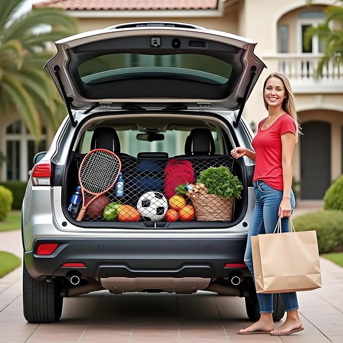 BAILALIBO Cargo Net with Metal Hooks, 35.4x15.8 in | Elastic stretchable mesh, adjustable for SUV/truck/jeep, universal fit, secure trunk storage, heavy-duty for car exterior