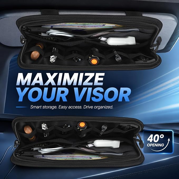LEPHYON Tactical Car Visor Organizer with Molle Panel, Sunglasses Holder, Zipper Pockets, Heavy Duty 1000D Polyester Storage for SUV, Truck Accessories Black | molle visor organizer