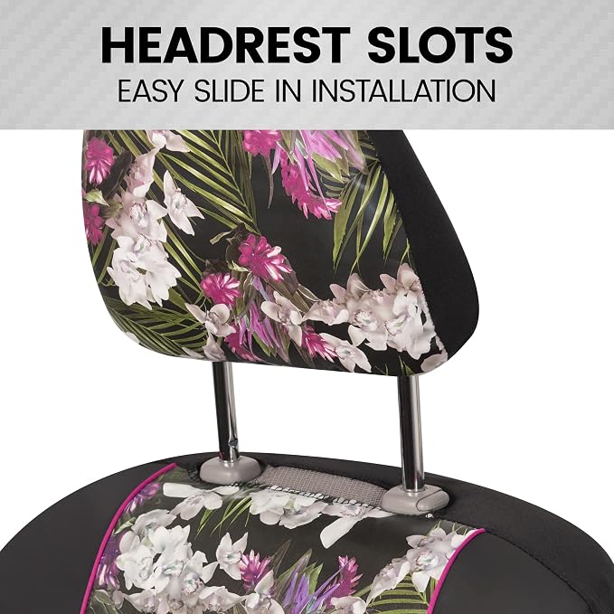 BDK Pink Flower Faux Leather Car Seat Covers for Front Seats, 2 Pack – Floral Pattern with Matching Headrest, Easy Installation, Fits Most Car Truck Van and SUV, Catalina Floral