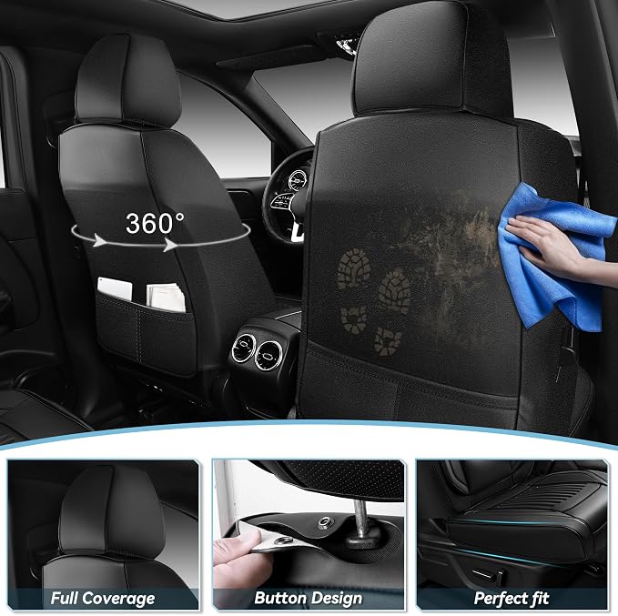 CAR PASS Luxury Nappa Leather Car Seat Covers Full Set, Lumbar Support Seat Covers for Car 5 Seats, Waterproof Car Seat Protector, Automotive Seat Covers Universal Fit for Most Sedans SUV Trucks Black