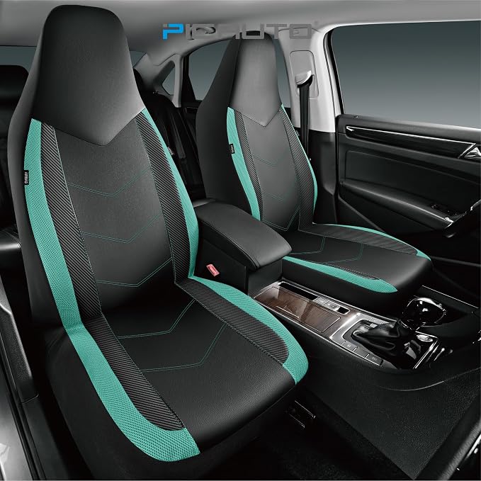 PIC AUTO Leather Car Seat Covers, Sports Carbon Fiber & Mesh Design, High-Back Front & Rear Full Set, Waterproof Automotive Seat Covers, Airbag Compatible, Universal Fit for Most Cars (Black & Mint)