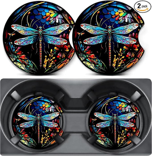 2 Pack Dragonfly Color Car Coasters for Cup Holders,Neoprene Anti Slip Mat | 2.75" Universal Size,Auto Rubber Drink Coasters Decor Car Accessories Interior Dragonfly Color Gifts for Women Men