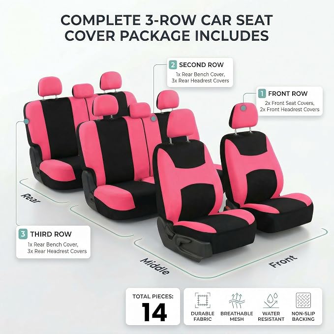 FH Group Universal Automotive Seat Covers 8 Seater Set | Light & Breezy Flat Cloth Washable Car Seat Cover for SUV, Sedan, Truck | Airbag Compatible Interior Upgrade - Pink/Black