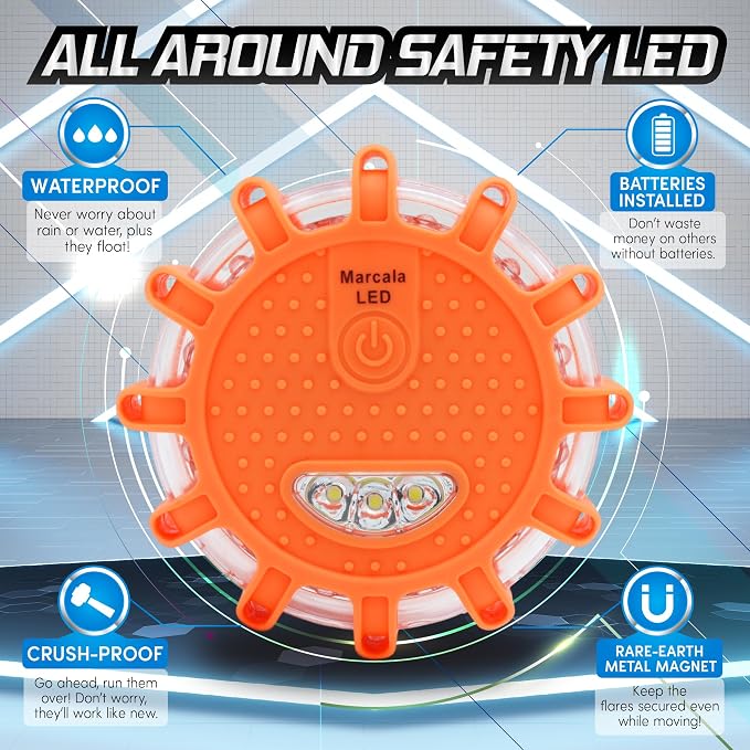 Marcala LED Road Flares 1-Pack | DOT Compliant LED Road Flares Car Emergency Kit | Emergency Flares w/Batteries Installed | Emergency Roadside Lights | 9 Flashing Modes to Get Noticed a Mile Away!