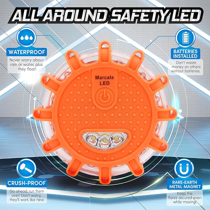 MARCALA 6‑Pack LED Road Flares | DOT Compliant Emergency Lights for Vehicles with Batteries, Whistle & Case | Flares Emergency Road | Emergency Flares | Perfect For Gifting or Everyday Roadside Safety