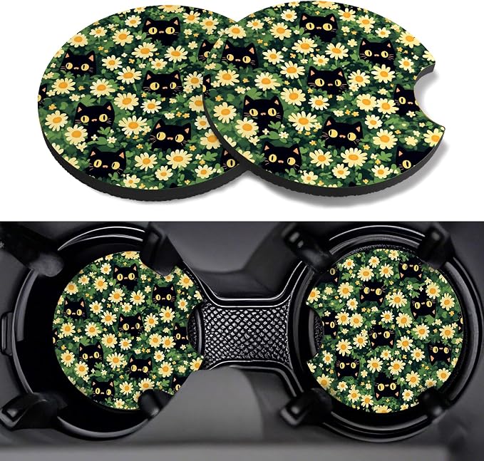Car Cup Coasters,2 Pack Car Coaster,2.75inch Anti Slip and Absorbent Cars Coasters for Cup Holders,Neopren Accessories for Women,Cute Decor for Women (Little Daisy and Cats)
