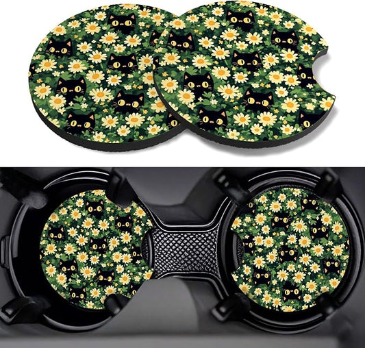 Car Cup Coasters,2 Pack Car Coaster,2.75inch Anti Slip and Absorbent Cars Coasters for Cup Holders,Neopren Accessories for Women,Cute Decor for Women (Little Daisy and Cats)