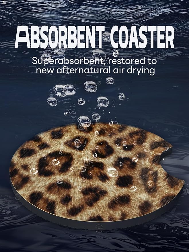 WOCOCN Car Coasters,Cup Holder Coasters for Car,2.75inch Anti Slip and Absorbent,Cute Automotive Interior Accessories for Cup Holder,Pack of 2 (Brown Leopard Print)