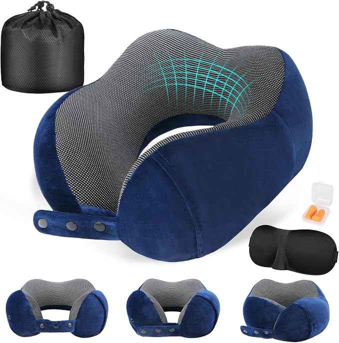 Cirorld Neck Pillow for Traveling, Travel Pillows for Airplanes,100% Pure Memory Foam Travel Neck Pillow, Adjustable Flight Pillow, Portable Plane Accessories with Eye Mask, Earplugs, Carry Bag