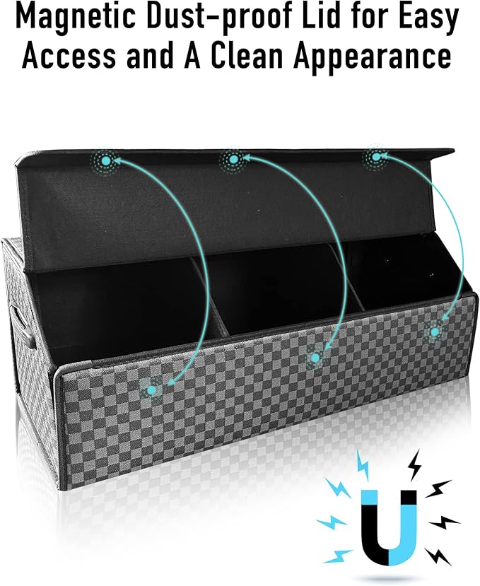 Fyzeoty Car Trunk Organizer for SUV and Sedan, Blue-Gray, 29.5 inches | Unique Blue‑Gray Plaid, Extra Large, Leather Storage Box, Magnetic Lid, Collapsible & Adjustable, Water‑Resist & Dust‑Proof