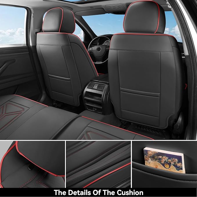Car Seat Covers Full Set Black and Red line, Premium Leather Car Seat Covers, Waterproof and Breathable Seat Covers, Universal Car Seat Protector Fit for Cars, Trucks, SUVs, Pick-ups