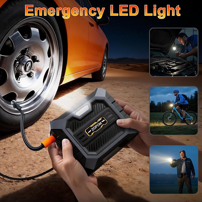 ZOPOM Tire Inflator Portable Air Compressor, 12V DC Car Air Pump with Auto Shut-Off & Digital Pressure Gauge, 100 PSI Corded Inflator for Car, Motorcycle, Bicycle & Sports Balls, LED Light
