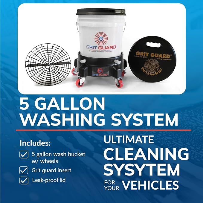Grit Guard 5 Gallon Washing System | Includes 5 Gallon Bucket, Grit Guard, Bucket Dolly, and Gamma Seal Lid | for Car Wash and Detailing |All Black - Made in the USA