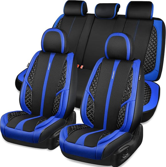 CAR PASS Nappa PU Leather Car Seat Covers Full Set Waterproof Protector Durable Cushioned,Universal Fit for Sedan SUV Pick-up Truck,Automotive, Anti-Slip and Backseat Luxury Premium(Black and Blue)