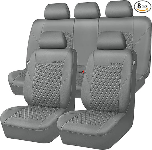 CAR PASS Quilting Faux Leather Seat Covers Full Set, Waterproof Deluxe PU Premium Auto Seat Cover, Breathable Seat Covers Universal Fit for Most Sedan SUV Van Small Truck, Airbag Compatible All Gray
