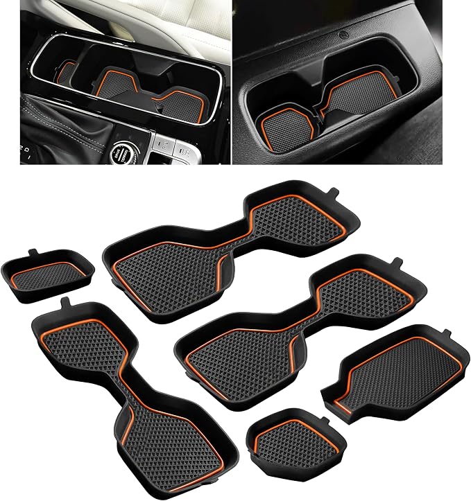 Cup Holder Coaster for Kia Telluride Accessories 2020 2021 2022 2023 2024 2025 Non-Slip Silicone Cup Holder Insert Mat Center Console Protector Liner Pad Interior Decoration 6Pcs(Orange Trim)