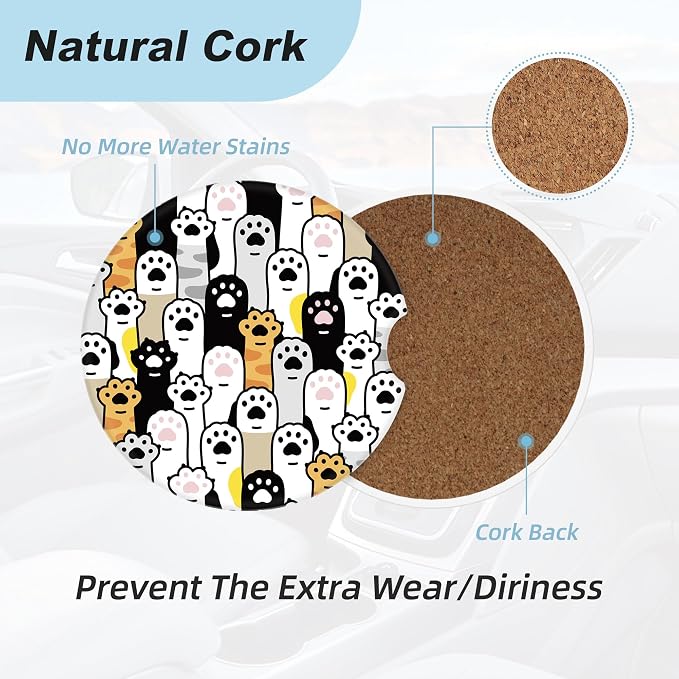 Cute Cat Paws Car Coasters for Cup Holders,2 Pack Car Cup Holder Coasters for Car,Ceramic Absorbent Car Coaster with A Finger Notch and Cork Base,Car Interior Accessories for Women Men
