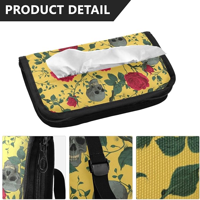 Car Tissue Holder Car Napkin Holder Tissue Box Dispenser Storage Case Sun Visor Mask Holder Accessories with Adjustable Straps Reusable Refillable Yellow Gothic Rose and Skull