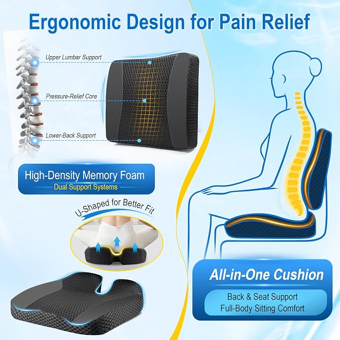 Lofty Aim Car Seat Cushion with Back Support, Lumbar Support Pillow Set | Memory Foam Car Seat Cushions for Driving, Office Chair Cushions for Back and Butt, Support for Trucks, Office Chairs, Black