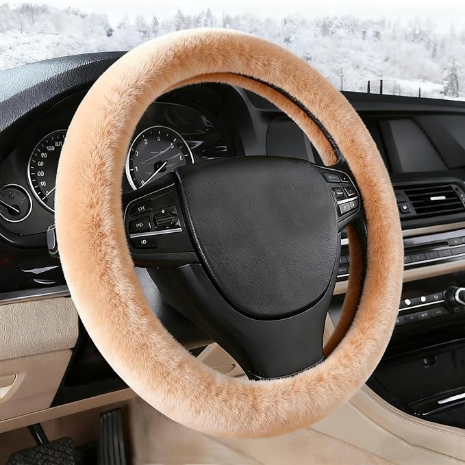 Furry Warm Steering Wheel Cover, Universal 14.5-15 Inch Winter Plush Warm Steering Wheel Cover, Soft Fluffy, Anti-Slip Design, Soft Texture (Camel)