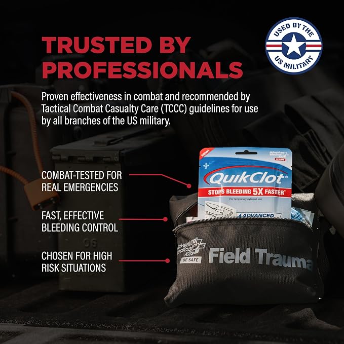 Adventure Medical Kits QuikClot Advanced Clotting Gauze - Stops Bleeding up to 5X Faster Than Standard Gauze - Kaolin Hemostatic Dressing - for First Aid Kits & Survival Gear - 3 x 24 (2 Strips)