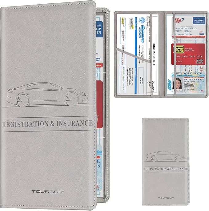 TOURSUIT Car Registration & Insurance Card Holder, Grey | Vehicle License Document Organizer, Glove Box Compartment, Interior Car Accessories, For Women Men