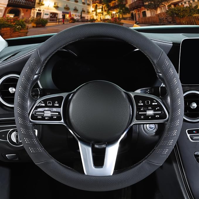 3D Slim Soft 14 inch Leather Steering Wheel Cover Black with White | Breathable Anti-Slip Premium Skin-Feel Perforated Thin Nappa Leather, Small 13.5 inch to 14 inch