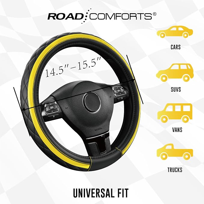 Road Comforts Leather Steering Wheel Cover – Black & Yellow, Universal Fit 14.5-15 Inch, Microfiber Leather, Anti-Slip & Breathable Design for Men and Women