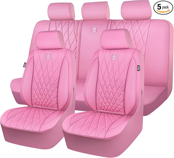 CAR PASS 5 Seats Piping Luxury Leather Seat Covers Full Set, Anti-Slip Waterproof Seat Covers Compatible with Front Armrests, Universal Fit for Suvs,Vans,Trucks,Airbag Compatible, Pure Pink
