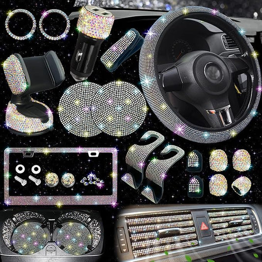 NBTEPEM 27 PCs Multicolor Bling Car Accessories Set for Women, Steering Wheel Covers Universal Fit 15 Inch, Bling License Plate Frame, Bling Phone Holder, Bling Car Coasters