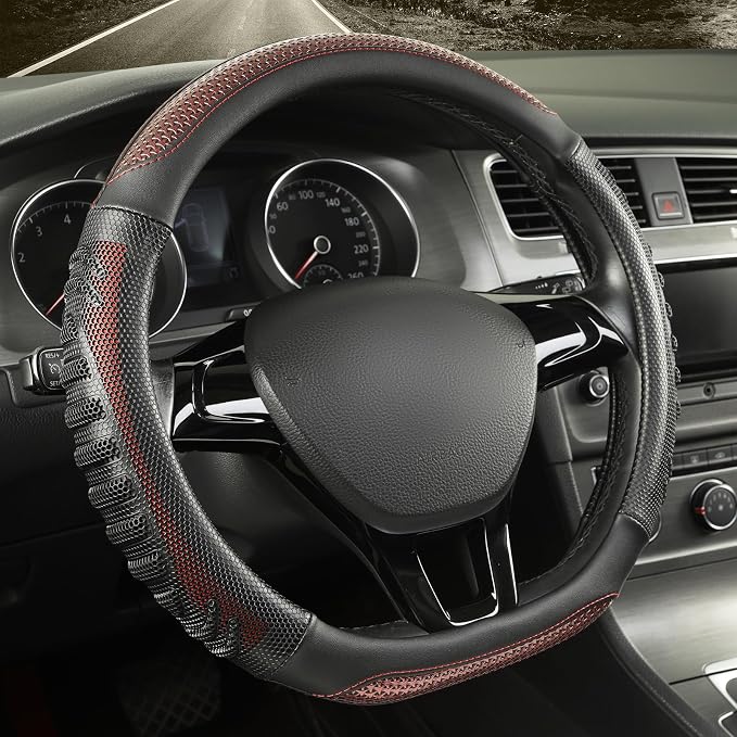 D Shaped Steering Wheel Cover Great Grip with 3D Honeycomb 14 inch | Anti-Slip Silicone Heavy-duty Microfiber Leather Sporty Design, Small 13.5 inch - 14 inch, Black with Burgundy