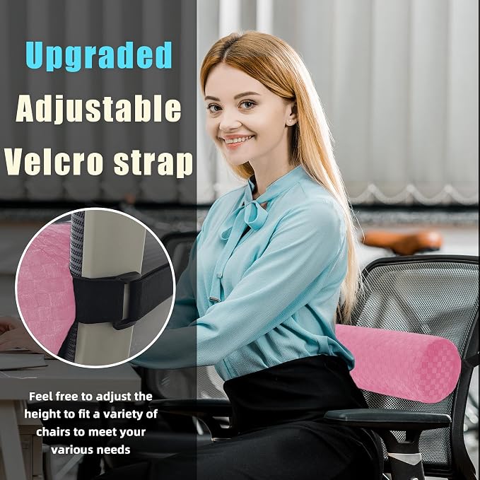 Coeyese Lumbar Roll Pillow for Lower Back Support, Pink, Short-11 * 4.3'' | Removable Pillowcase, Upgraded Adjustable Strap, Suitable for Office, Chair, Car, Seat Pain Relief & Improving Posture