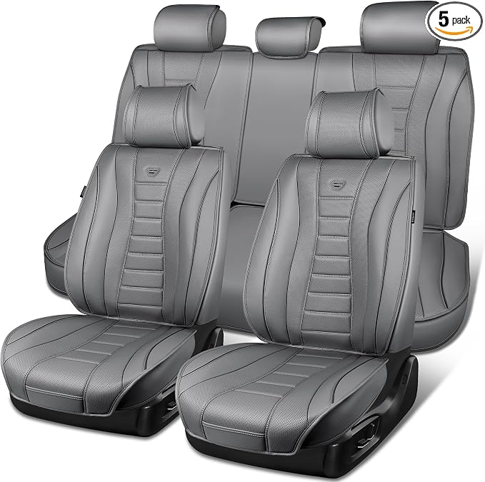 CAR PASS Nappa Leather Seat Covers, Universal FIT Piping Leather Car Seat Covers Full Set for Cars,SUV,Truck 3D Foam Waterproof Luxury Seat Covers 5 Seats, Comfort Durable Airbag Compatible All Gray