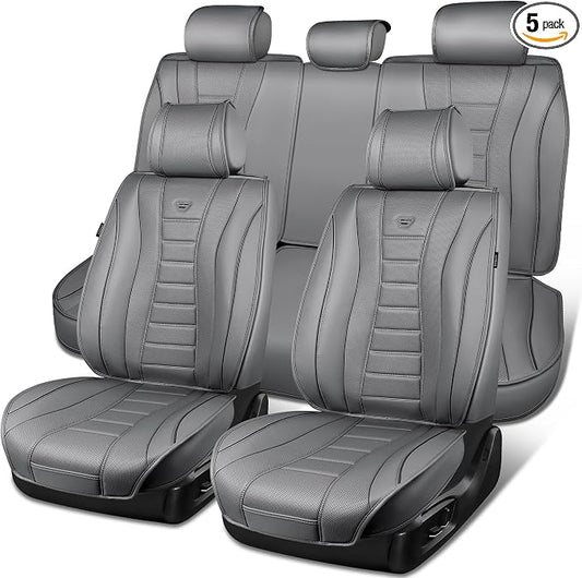 CAR PASS Nappa Leather Seat Covers, Universal FIT Piping Leather Car Seat Covers Full Set for Cars,SUV,Truck 3D Foam Waterproof Luxury Seat Covers 5 Seats, Comfort Durable Airbag Compatible All Gray