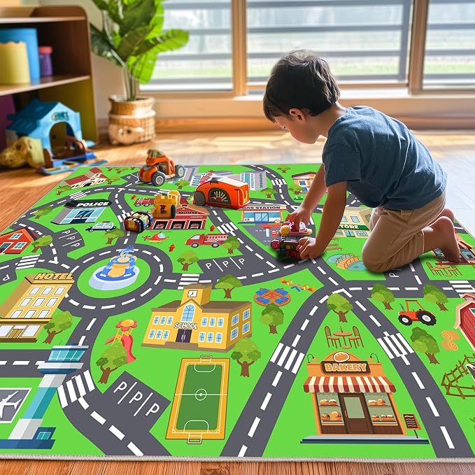 Kids Room Rug, Non-Slip 4x5ft Car Rug City Road Play Mat Rugs Playroom | Soft, Durable Childrens Road Carpet Playmat, Washable Kids Play Rug, for Classroom Bedroom Boys, Flame Resistant