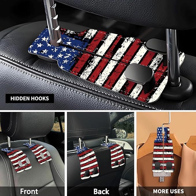 Car Seat Headrest Hook, Universal Leather Cute Hanger Holder Hook, Storage Organizer Interior Accessories for Purse Bags Handbag Vintage American Flag