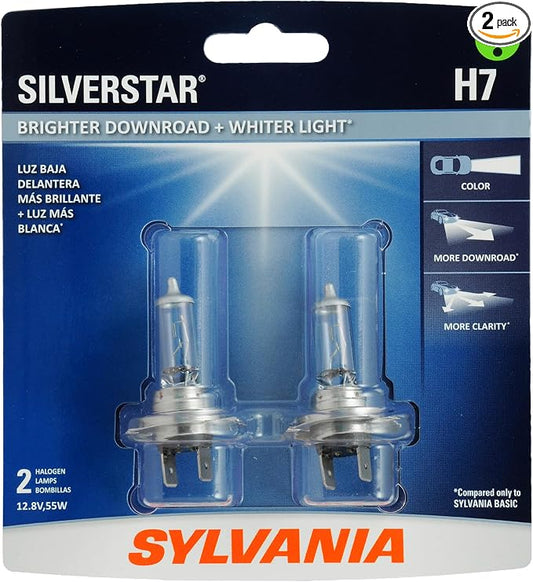 SYLVANIA - H7 SilverStar - High Performance Halogen Headlight Bulb, High Beam, Low Beam and Fog Replacement Bulb, Brighter Down Road with Whiter Light (Contains 2 Bulbs)
