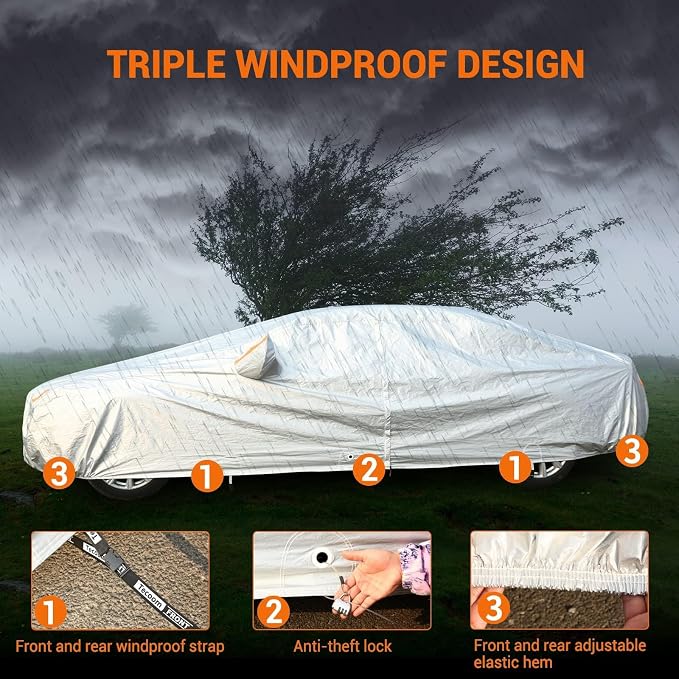 Tecoom Waterproof All Weather Car Cover, 3-Layer Fleece Lined Covers with Zipper Door & Lock, Full Exterior Wind Rain Snow Sun Hail Protection, Fit for Sedan (191"–200")
