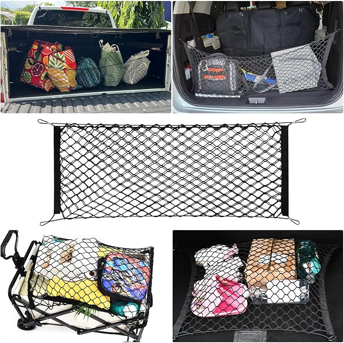Cargo Net, Premium Dual-Layer Nylon Cargo Net for SUV, Automotive Exterior Accessories, Adjustable Elastic Trunk Net with Hook, Car Accessories for SUV, Truck, Pickup(51.2x17.7 Inch)
