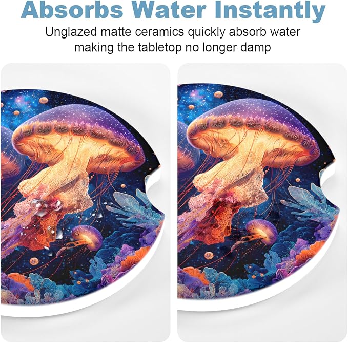 2 Pack Car Cup Holder Coaster, 2.63 inch Anti Slip Insert Absorbent Ceramic Car Coaster with Cork Base and Finger Notch, Cute Car Accessories Interior for Women, Cute Car Coasters.