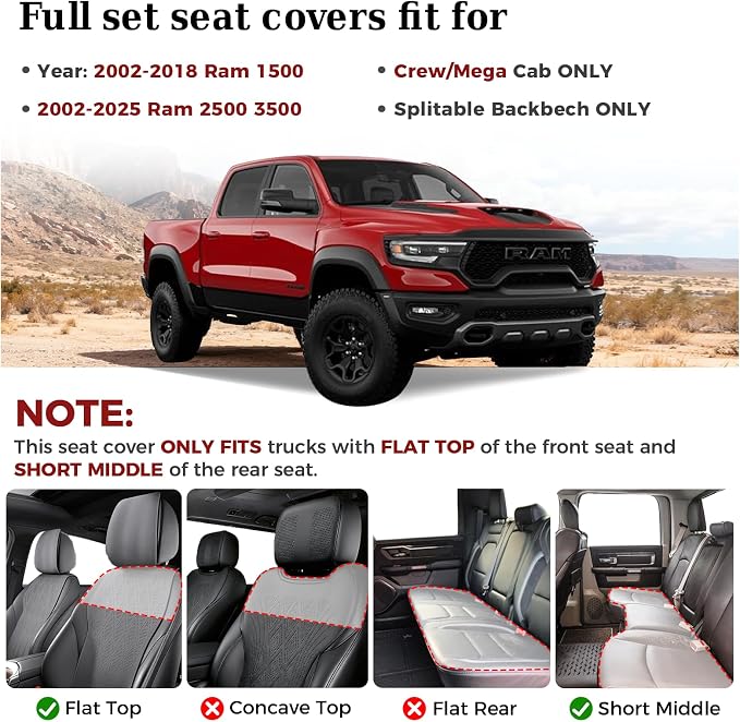 Truckiipa Dodge Ram Seat Covers Full Set, Full Coverage Luxury Car Seat Covers Waterproof Leather Protector Truck Accessories, Custom Fit for 2002-2018 Ram 1500, 2002-2025 Ram 2500 3500 Crew Mega Cab