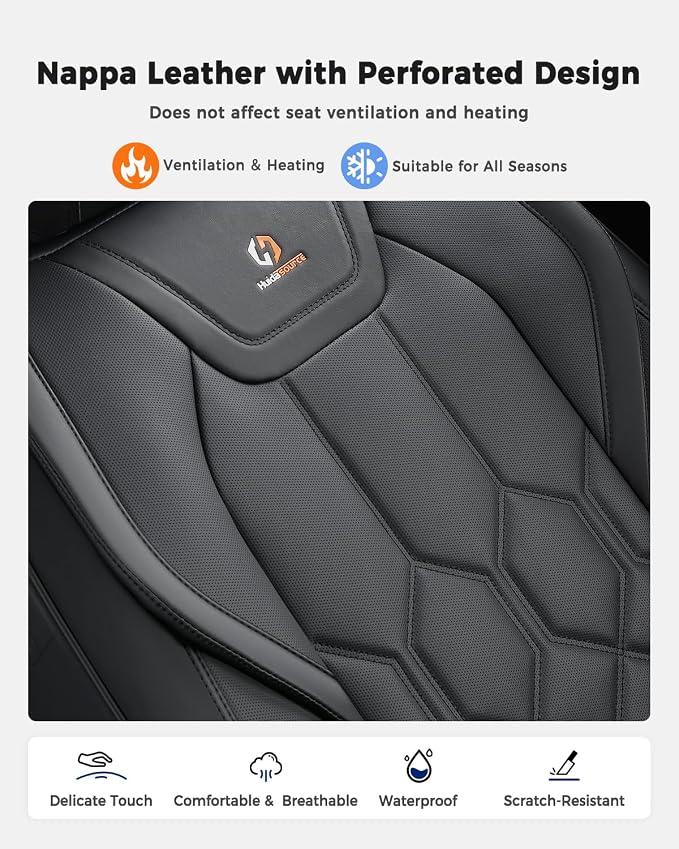 Huidasource Seat Covers Full Set, Universal Fit for Cars SUVs Trucks, Black | Full Coverage Leather Car Seat Cover, Airbag, Cupholder Compatible, Seat Function Retain, Velcro Adjustable