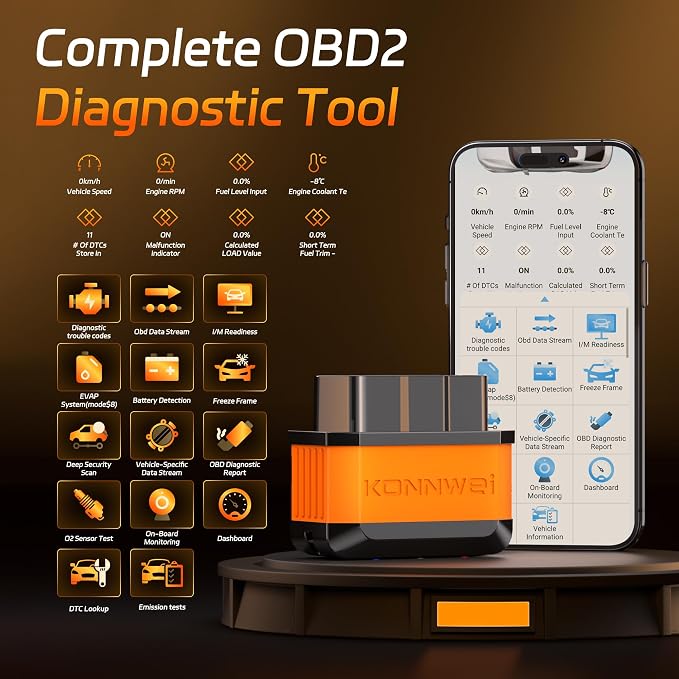 KONNWEI OBD2 Bluetooth Scanner Engine Code Reader w/Power ON/Off Button | Wireless Car Scanner w/Battery voltage Test Live Data Stream Freeze Frame I/M Readiness for iOS & Android