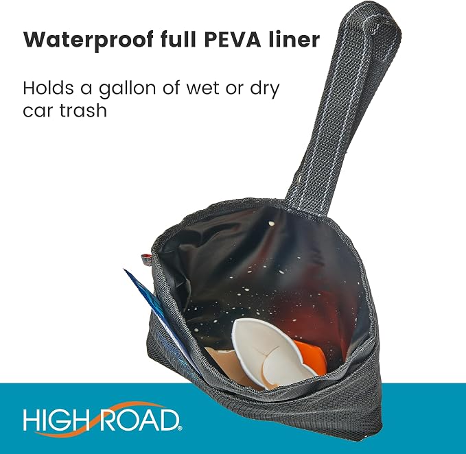 High Road Small Trash Can for Car and Auto Trash Bag for Car Front Seat | Hanging Car Trash Bag With Magnetic Closure and Front Storage Pocket - Holds a Gallon of Wet or Dry Car Garbage