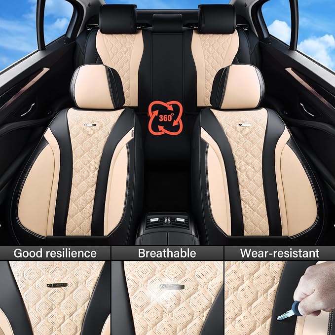 Coverado Car Seat Covers, Seat Covers Full Set, Black Beige Car Seat Cover, Perforated Diamond Leather Seat Covers for Cars, Luxury Car Seat Cushion, Auto Seat Covers Universal Fit Most Cars