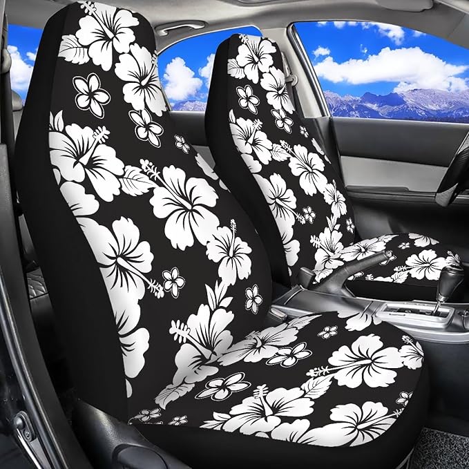 Hawaiian Florals Front Car Seat Cover for Women 2 Pcs Hibiscus Car Seat Covers Removable Automotive Accessories for Most Cars SUVs and Sedans