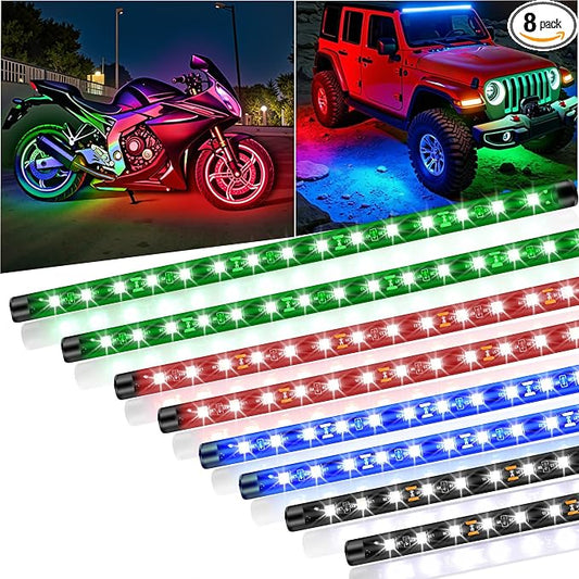 Car Led Light Strip IP67 Waterproof 8Pcs - Green Blue Red White | 12V 11Inch Footwell & Underglow Lights, Interior & Exterior Decoration, Fits SUVs, Trucks, Motorcycles, Boats, Golf Carts