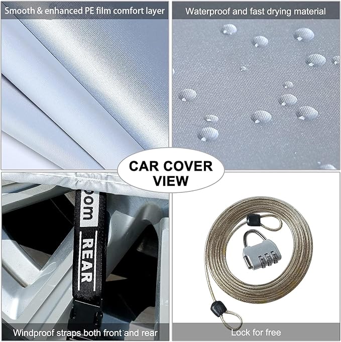 Tecoom Light Shell Waterproof UV-Proof Windproof Design Car Cover with Zipper Storage and Lock for All Weather Indoor Outdoor Fit Sedan 170-190 Inches Length