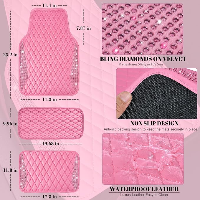 CAR PASS Bling Leather Car Mats Shining Diamond Floor Mats Crystal Rhinestones Sparkly Glitter Carpet Anti-Slip Waterproof Pad Universal Fit for Automotive SUV, Sedan, Van, 5pcs for Girl Women Pink